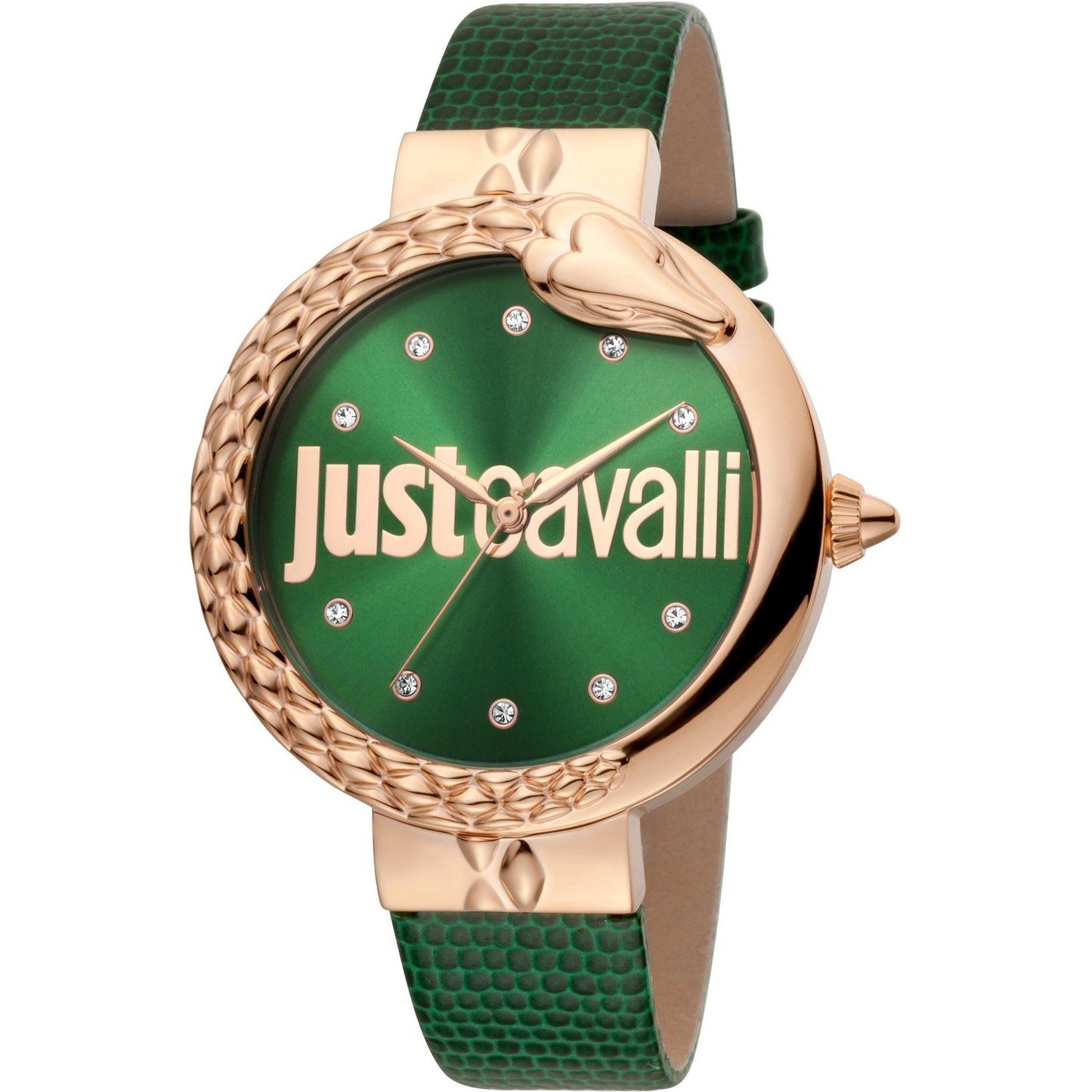 JUST CAVALLI Bold 40mm Leather Rose Gold/Green Zirconia Watch