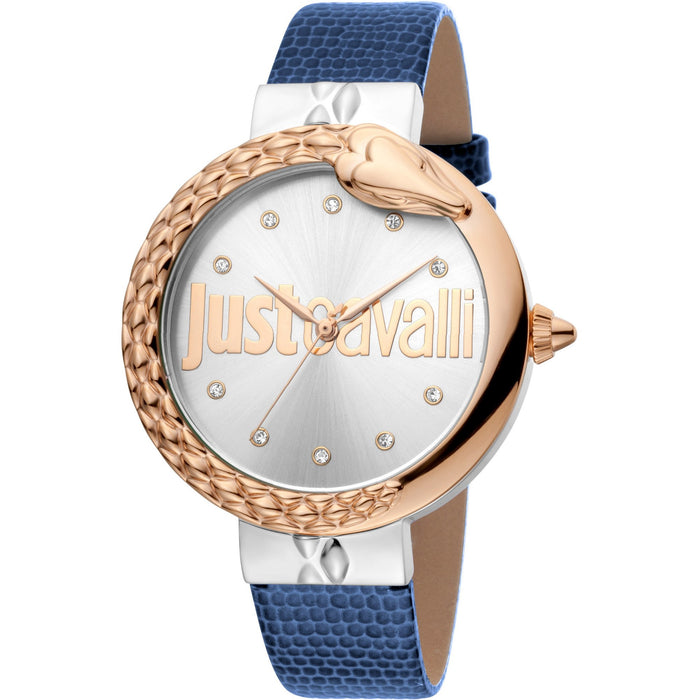 JUST CAVALLI Bold 40mm Leather Rose Gold/Blue Zirconia Watch