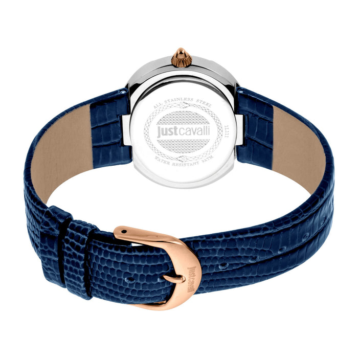 JUST CAVALLI Eve Leather Bling Zirconia Rose Gold/Blue Watch