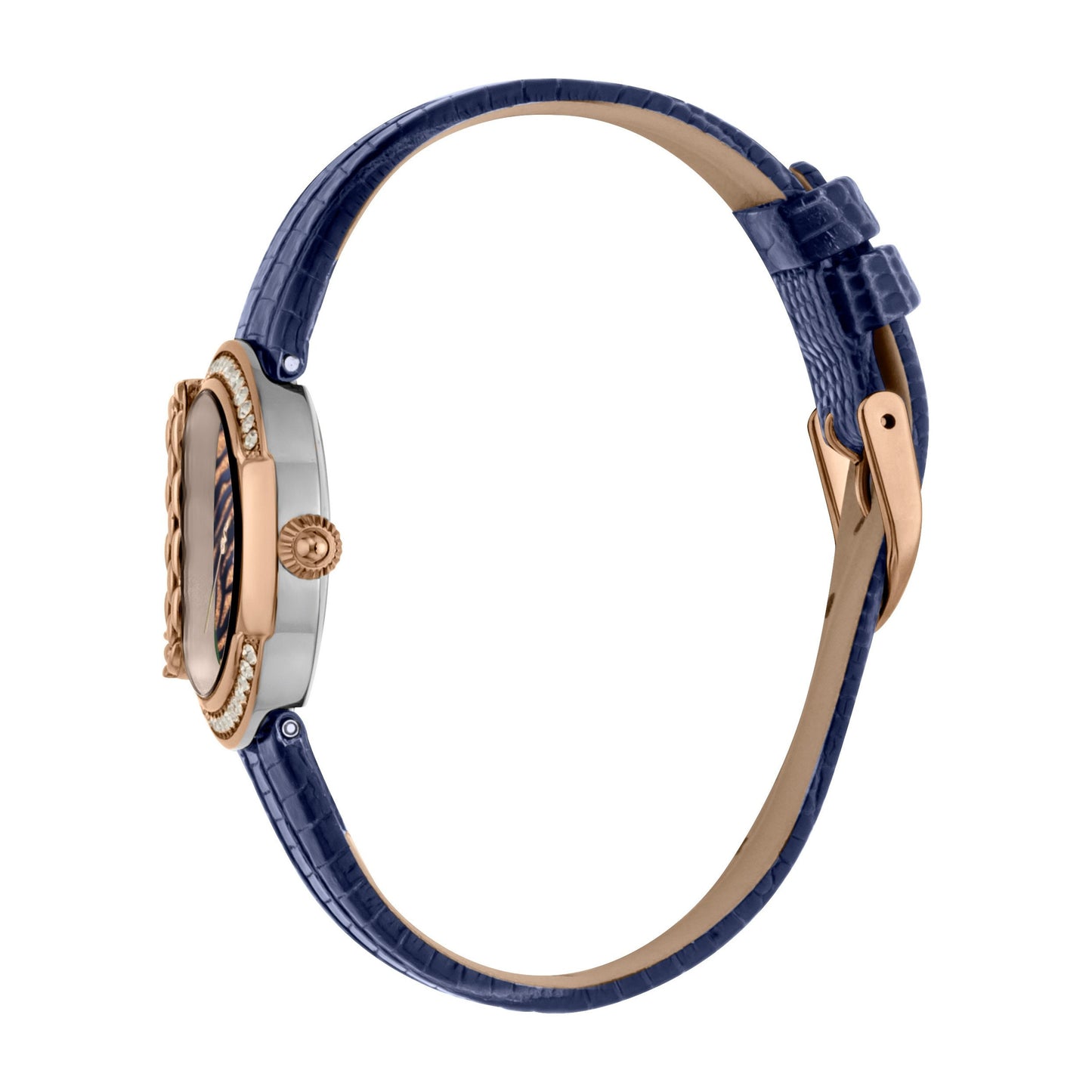 JUST CAVALLI Eve Leather Bling Zirconia Rose Gold/Blue Watch