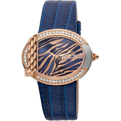 JUST CAVALLI Eve Leather Bling Zirconia Rose Gold/Blue Watch