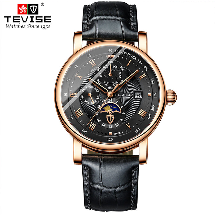 TEVISE Namura Classic Moonphase Rose Gold/Black Watch