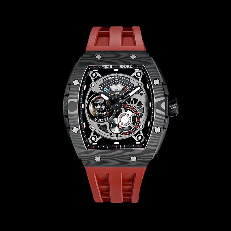 TSAR BOMBA Men's Automatic Power Reserve Carbon Fiber Watch TB8210CF Black / Red