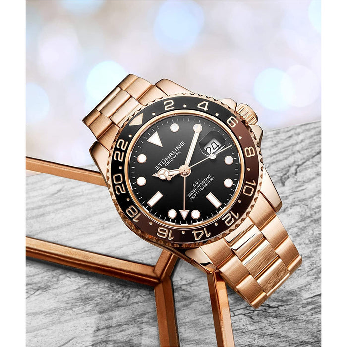 STUHRLING ORIGINAL GMT Diver 44mm 100m Root Beer Rose Gold Watch