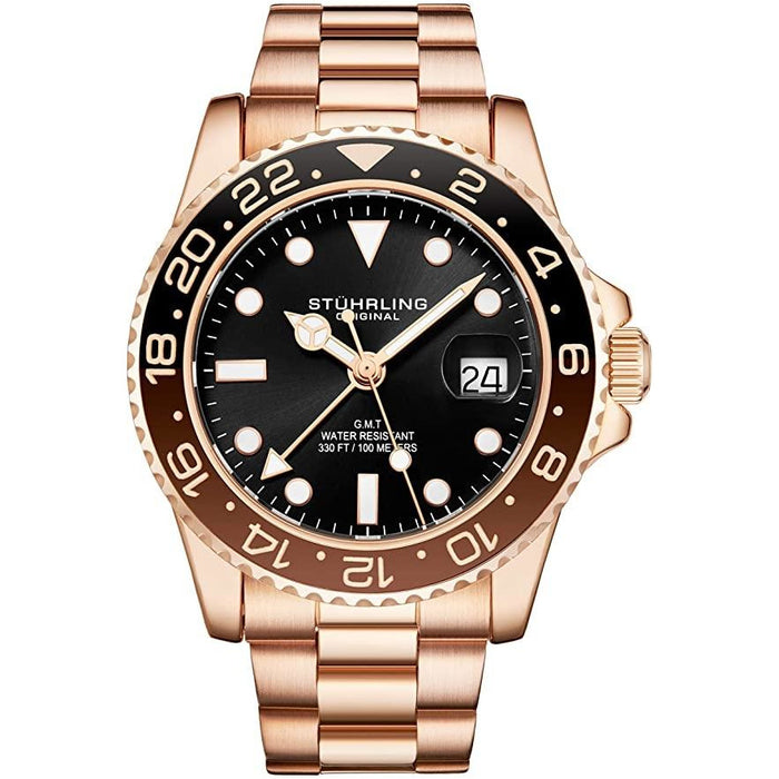 STUHRLING ORIGINAL GMT Diver 44mm 100m Root Beer Rose Gold Watch