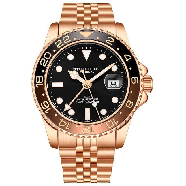STUHRLING ORIGINAL Meridian GMT Diver 44mm 100m Rose Gold Jubilee Watch