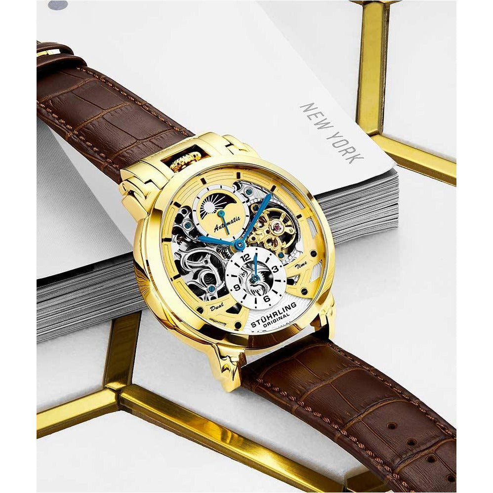 STUHRLING ORIGINAL Menai Automatic 47mm Skeleton Gold/Brown Watch