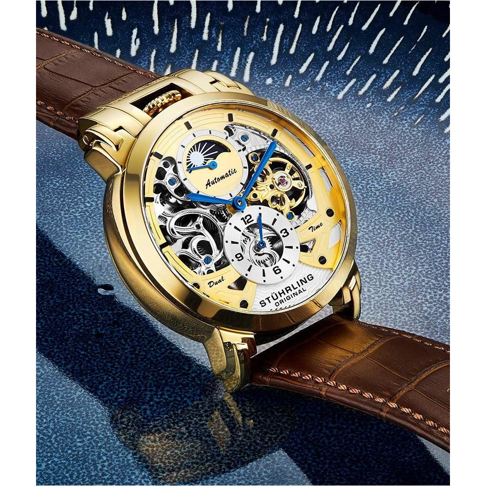 STUHRLING ORIGINAL Menai Automatic 47mm Skeleton Gold/Brown Watch