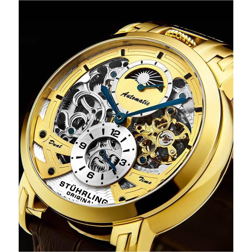 STUHRLING ORIGINAL Menai Automatic 47mm Skeleton Gold/Brown Watch