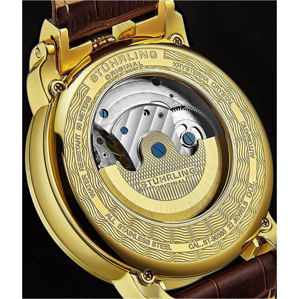 STUHRLING ORIGINAL Menai Automatic 47mm Skeleton Gold/Brown Watch