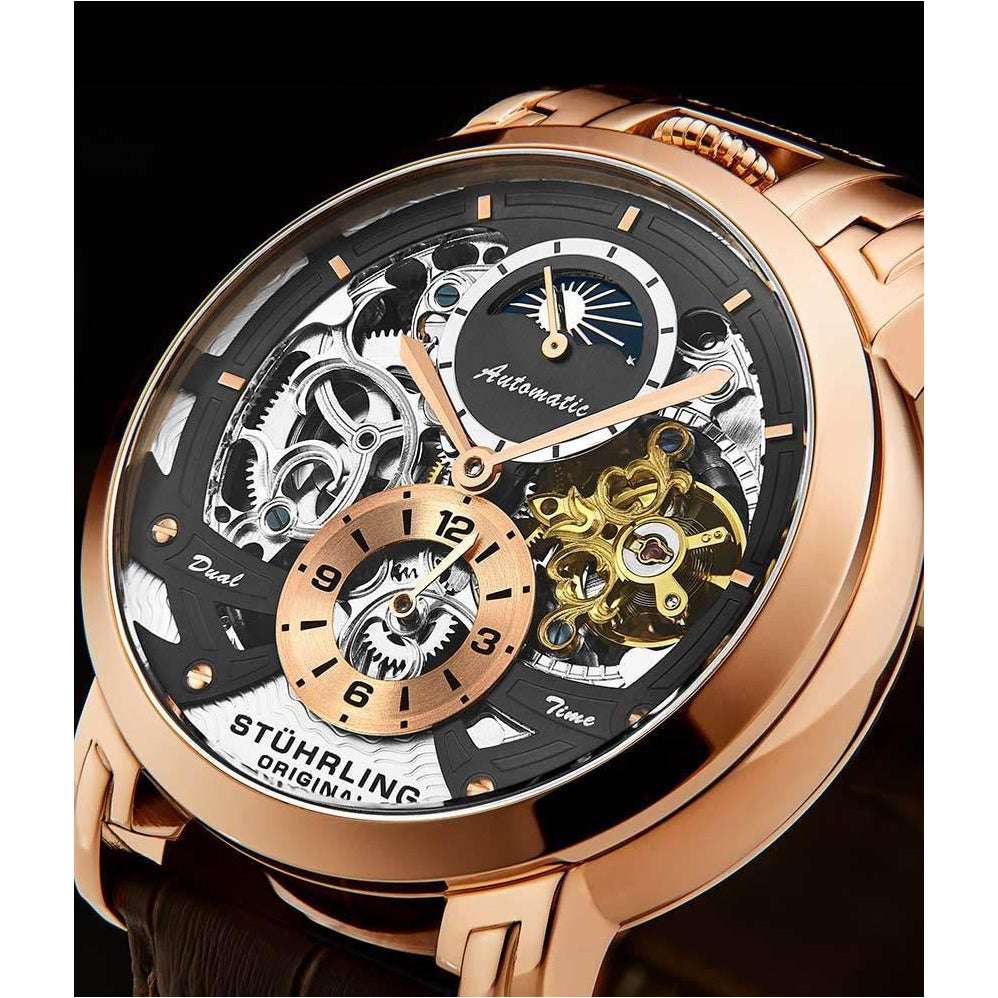 STUHRLING ORIGINAL Menai Automatic 47mm Skeleton Rose Gold Watch