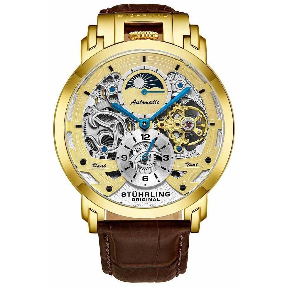 STUHRLING ORIGINAL Menai Automatic 47mm Skeleton Gold/Brown Watch