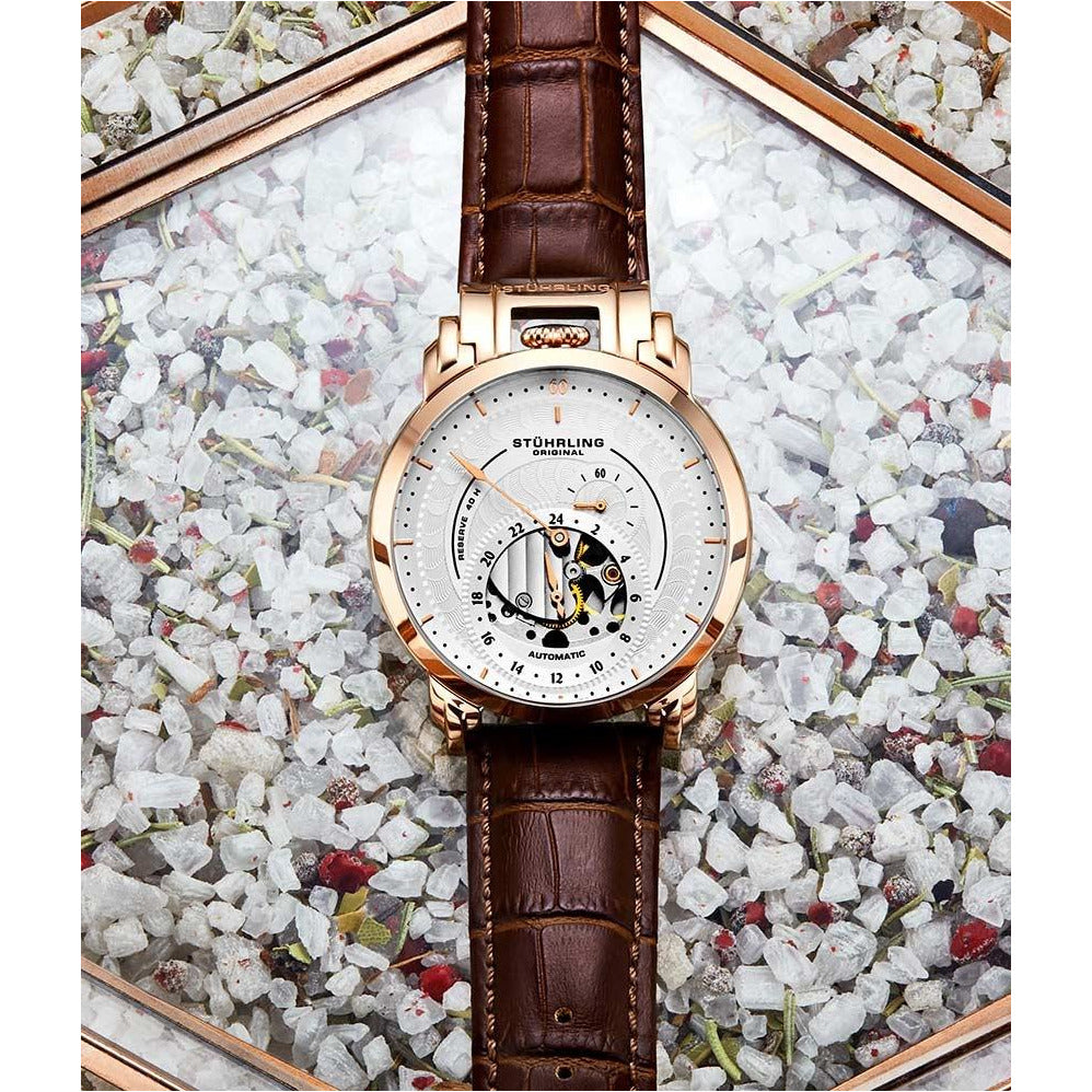 STUHRLING ORIGINAL Savoy Regulator Automatic 44mm Skeleton Rose Gold Watch