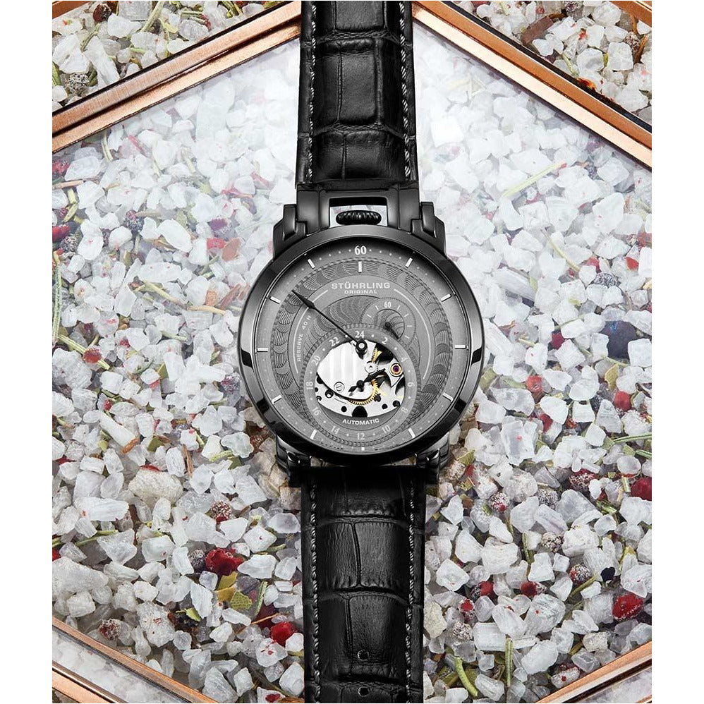 STUHRLING ORIGINAL Savoy Regulator Automatic 44mm Skeleton Black Ion Watch