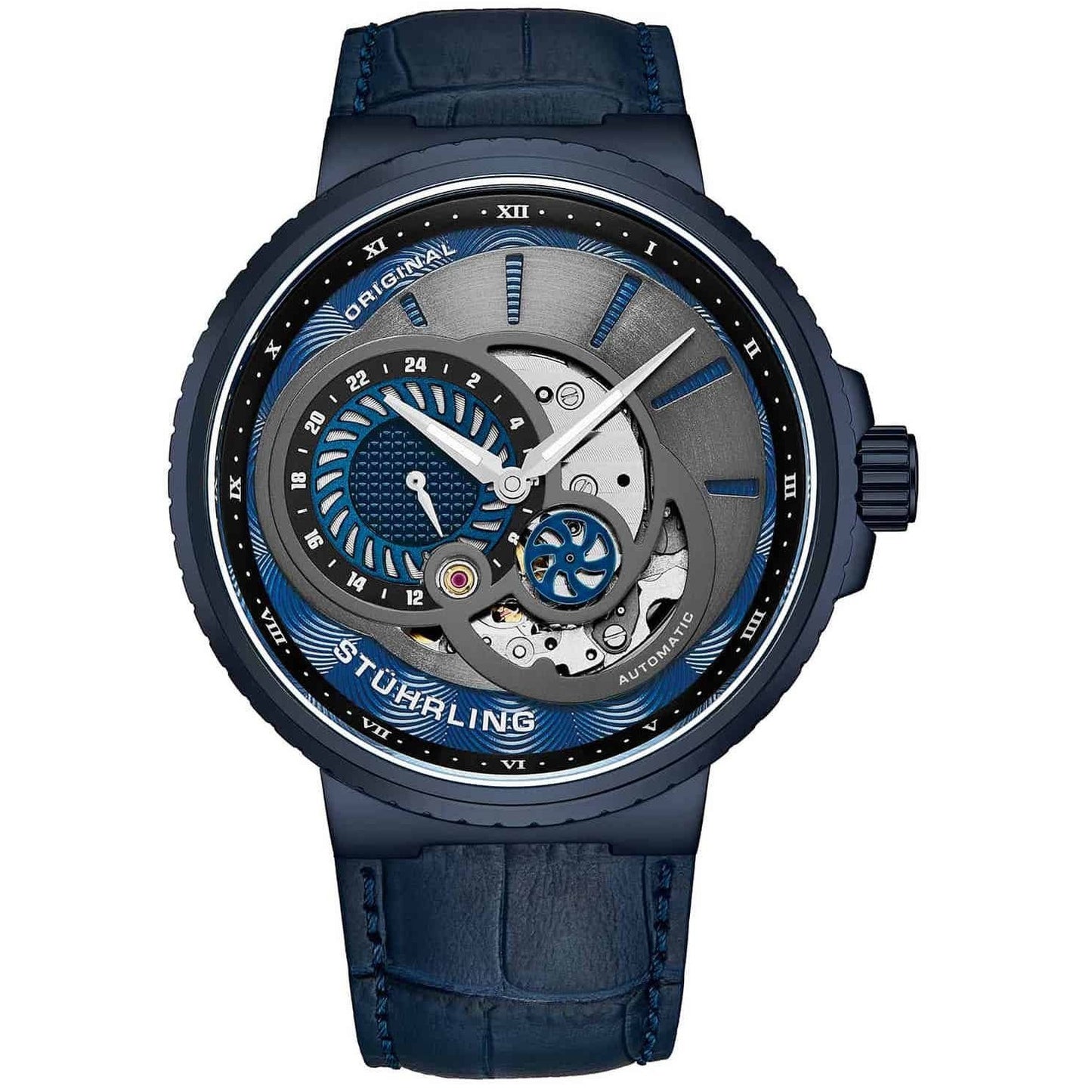 STUHRLING ORIGINAL Jet Engine Automatic 45mm Skeleton Ion Blue Watch