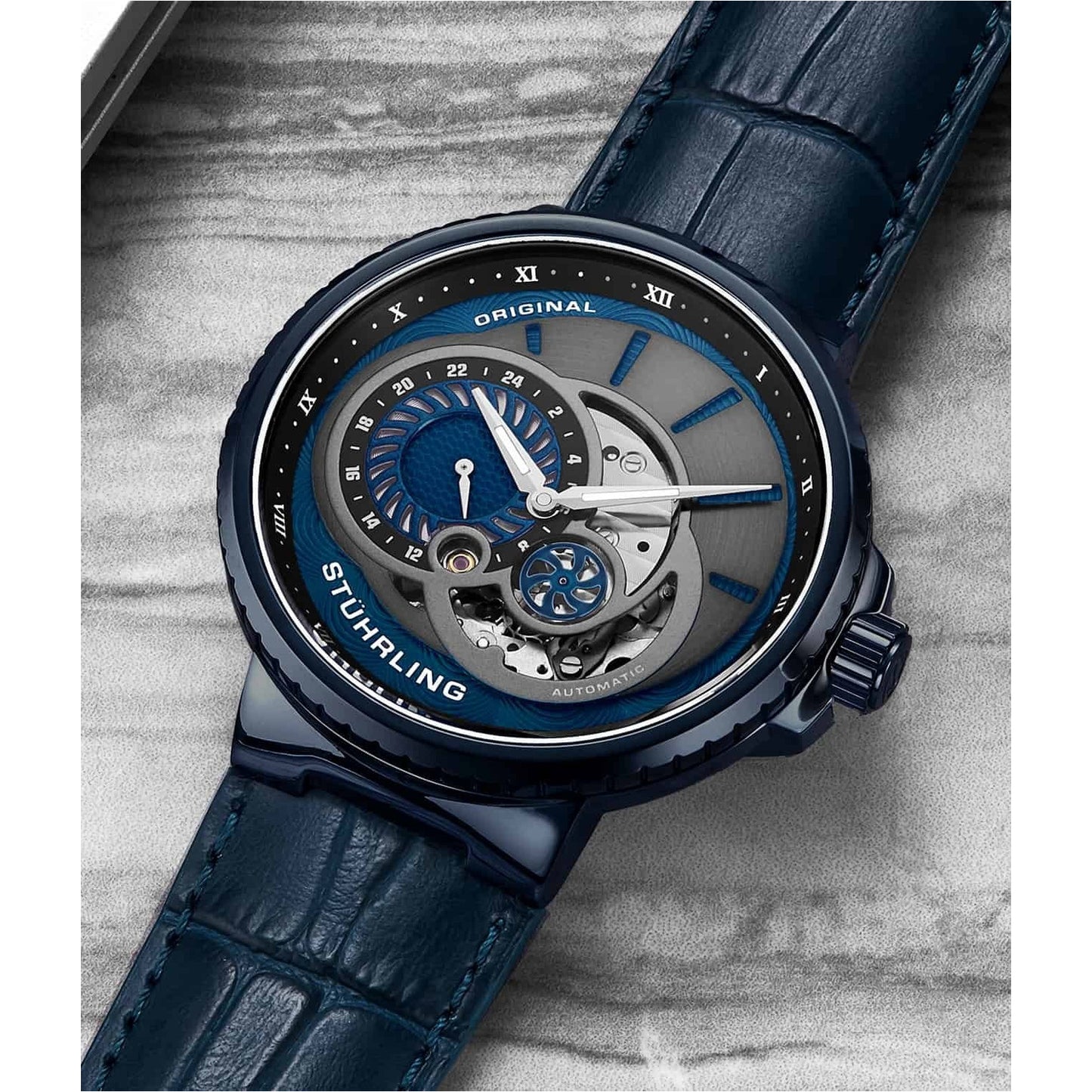 STUHRLING ORIGINAL Jet Engine Automatic 45mm Skeleton Ion Blue Watch