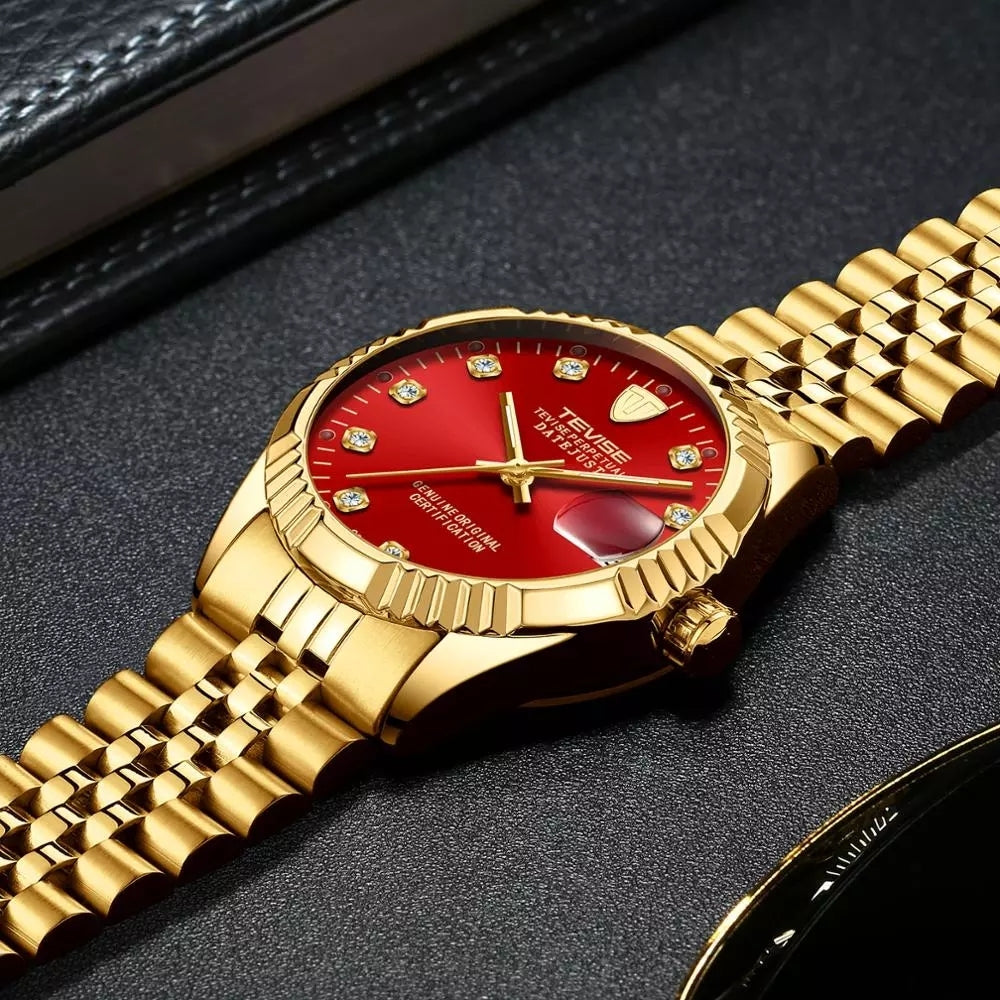 TEVISE Classic Automatic Calendar Gold/Red Watch