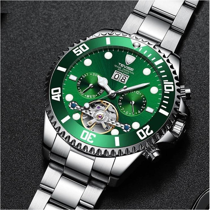 TEVISE Perpetual Flywheel Date Automatic Two Tone Green Watch