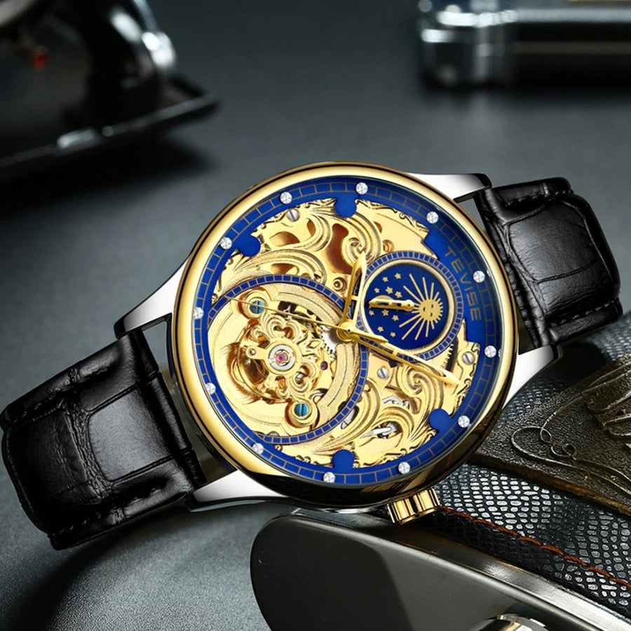 TEVISE Pirogue Leather Automatic Moonphase Gold/Blue Trim Watch