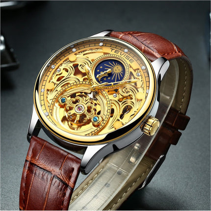 TEVISE Pirogue Leather Automatic Moonphase Gold Trim Watch
