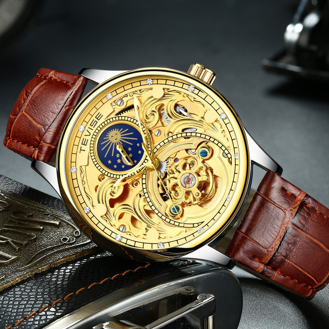 TEVISE Pirogue Leather Automatic Moonphase Gold Trim Watch