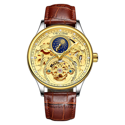 TEVISE Pirogue Leather Automatic Moonphase Gold Trim Watch