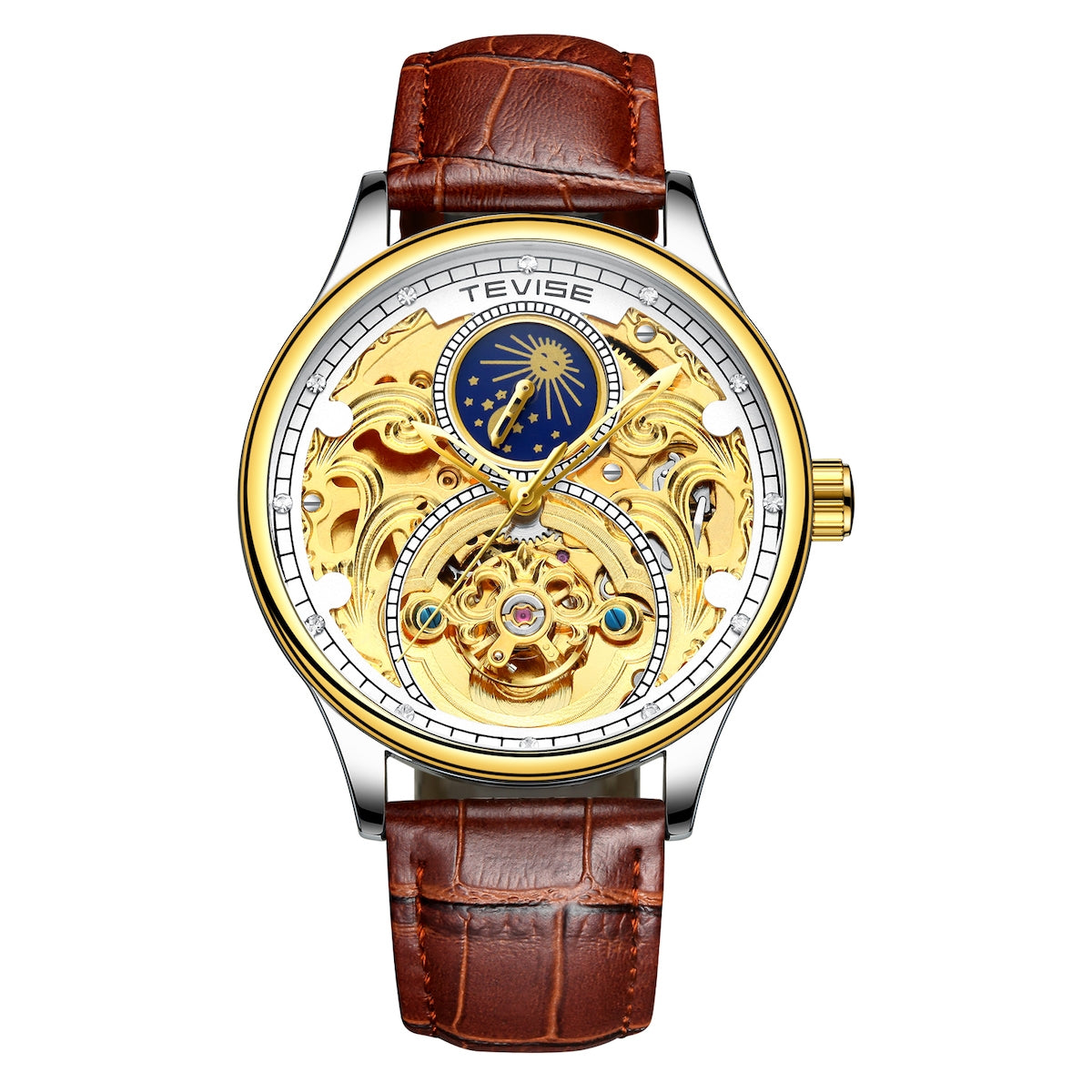 TEVISE Pirogue Leather Automatic Moonphase White Trim Watch