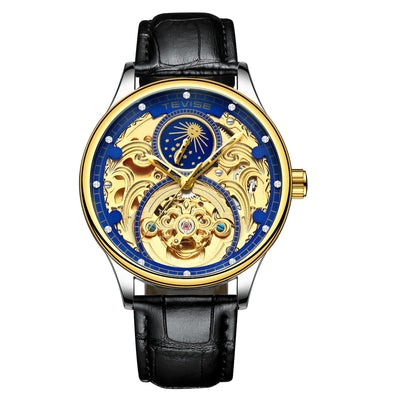 TEVISE Pirogue Leather Automatic Moonphase Gold/Blue Trim Watch