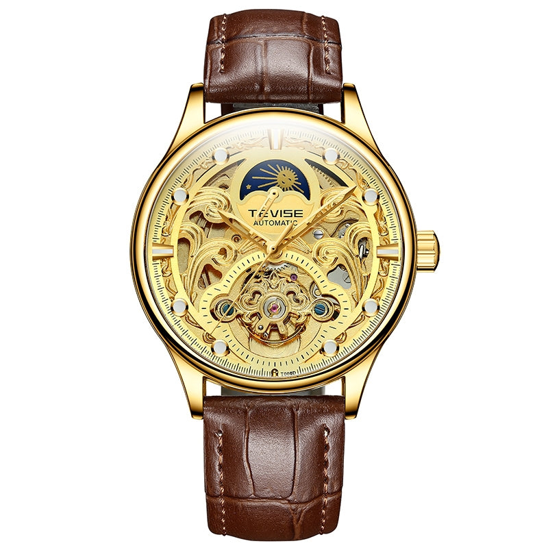 TEVISE Pirogue II Leather Automatic Moonphase Gold Trim Watch