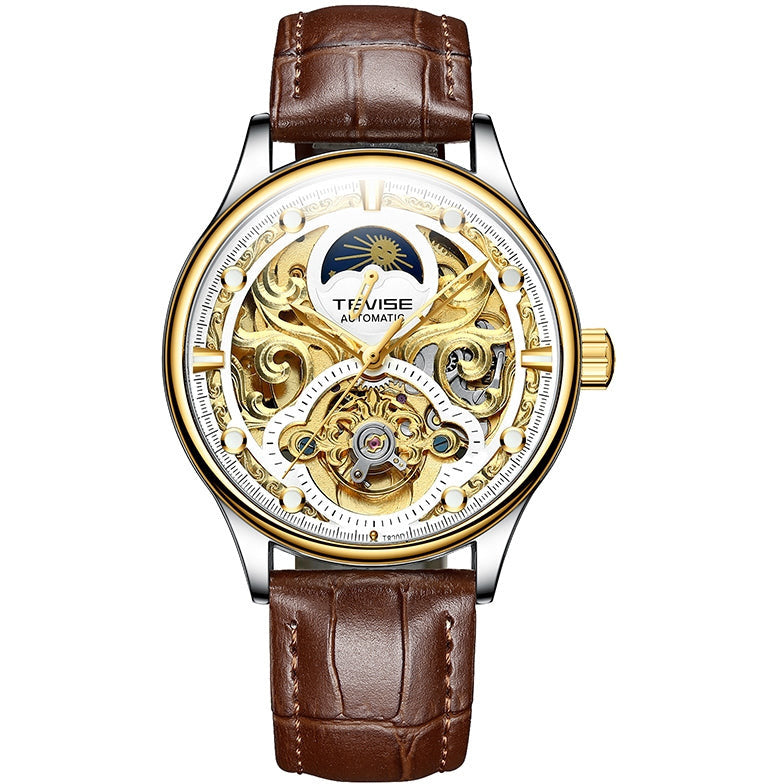 TEVISE Pirogue II Leather Automatic Moonphase Silver/Gold/White Trim Watch