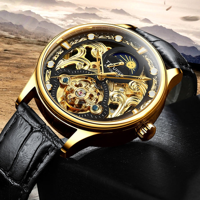TEVISE Pirogue II Leather Automatic Moonphase Gold/Black Trim Watch