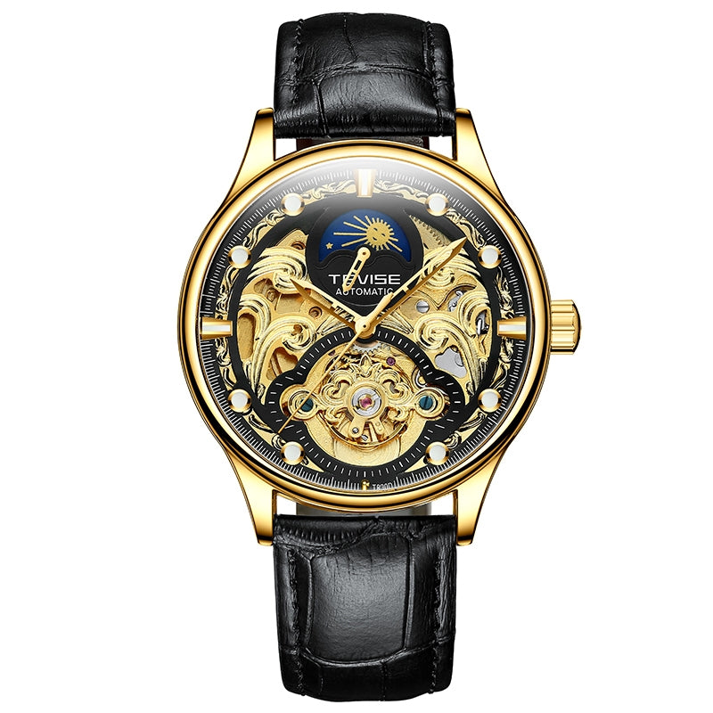 TEVISE Pirogue II Leather Automatic Moonphase Gold/Black Trim Watch