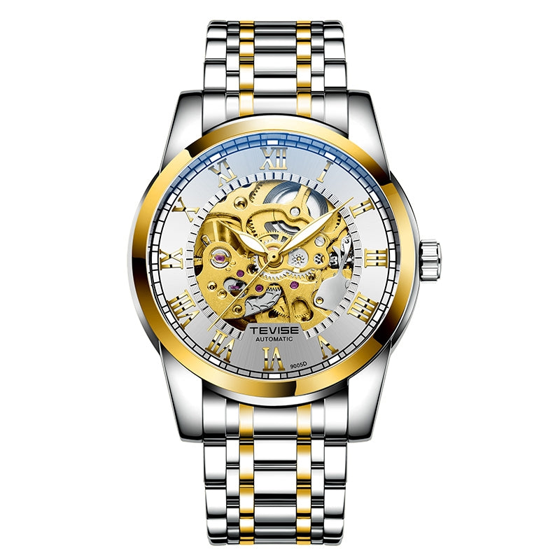 TEVISE Skeleton Classic Steel Two Tone Silver Watch