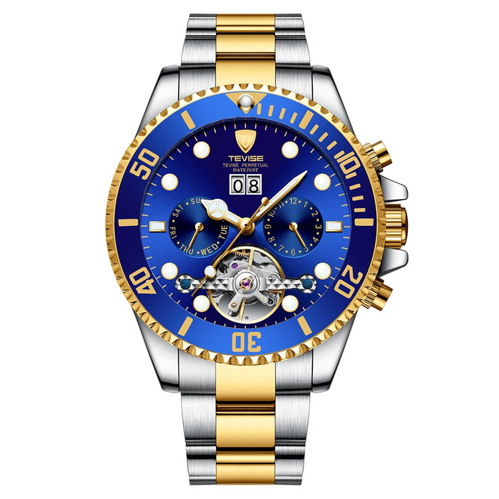 TEVISE Perpetual Flywheel Date Automatic Two Tone Blue Watch