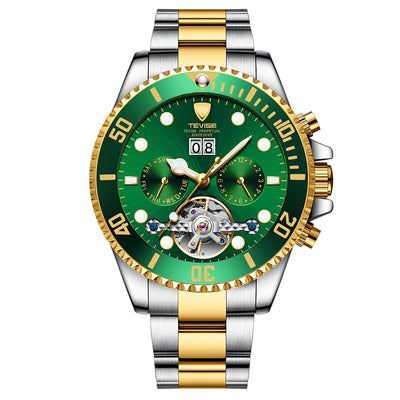 TEVISE Perpetual Flywheel Date Automatic Two Tone Green Watch