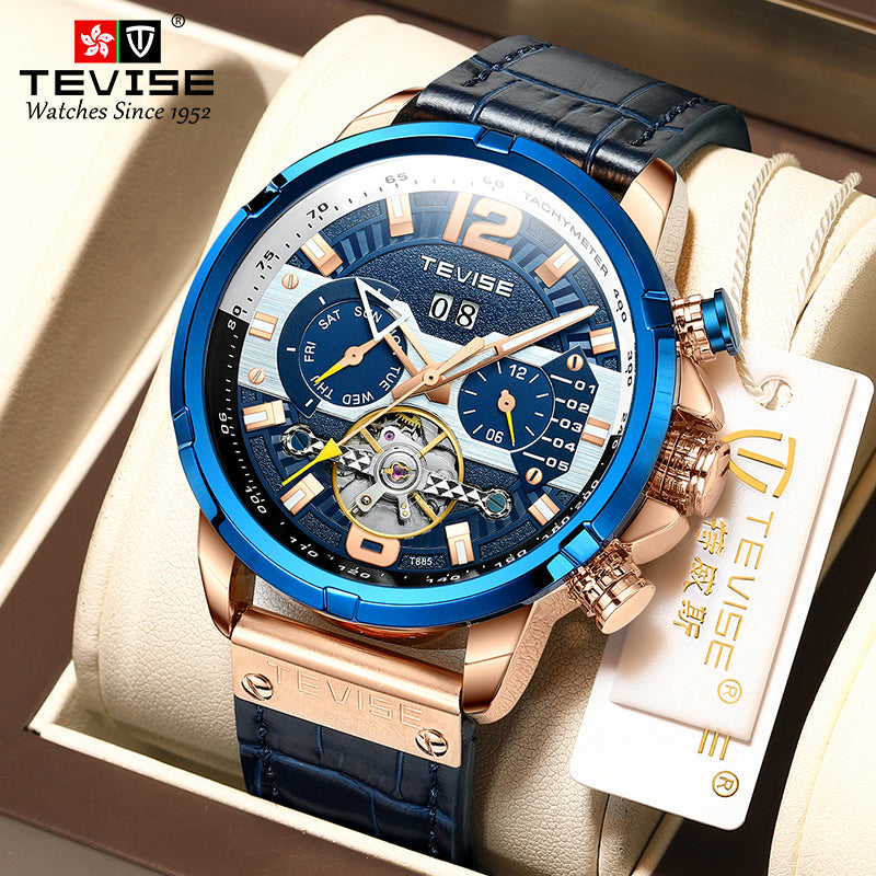 TEVISE Albatross Leather Rose Gold/Blue Watch