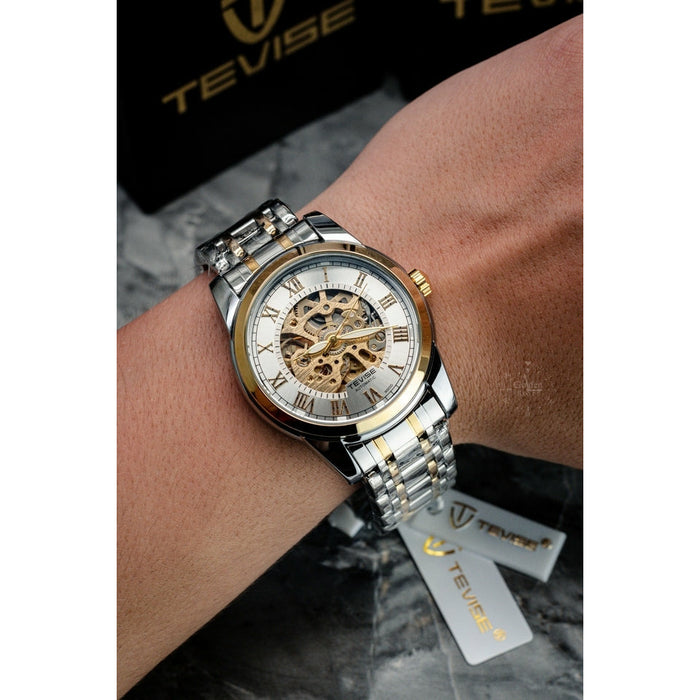 TEVISE Skeleton Classic Steel Two Tone Silver Watch