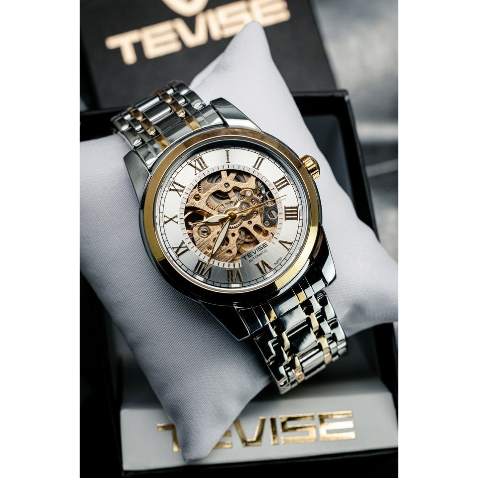 TEVISE Skeleton Classic Steel Two Tone Silver Watch