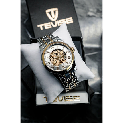 TEVISE Skeleton Classic Steel Two Tone Silver Watch