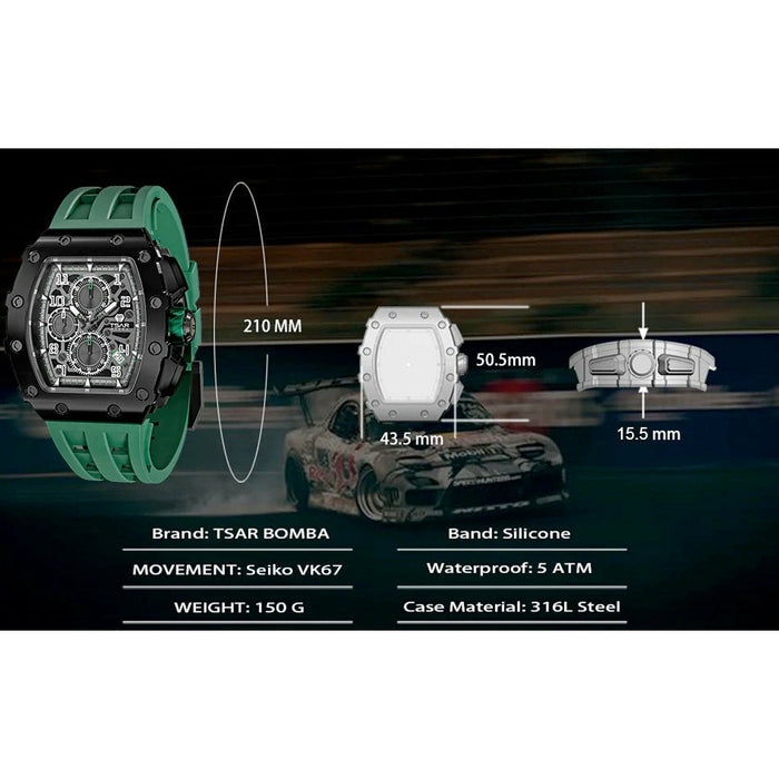 TSAR BOMBA Quartz Waterproof Watch TB8204Q-06 / Black / Green
