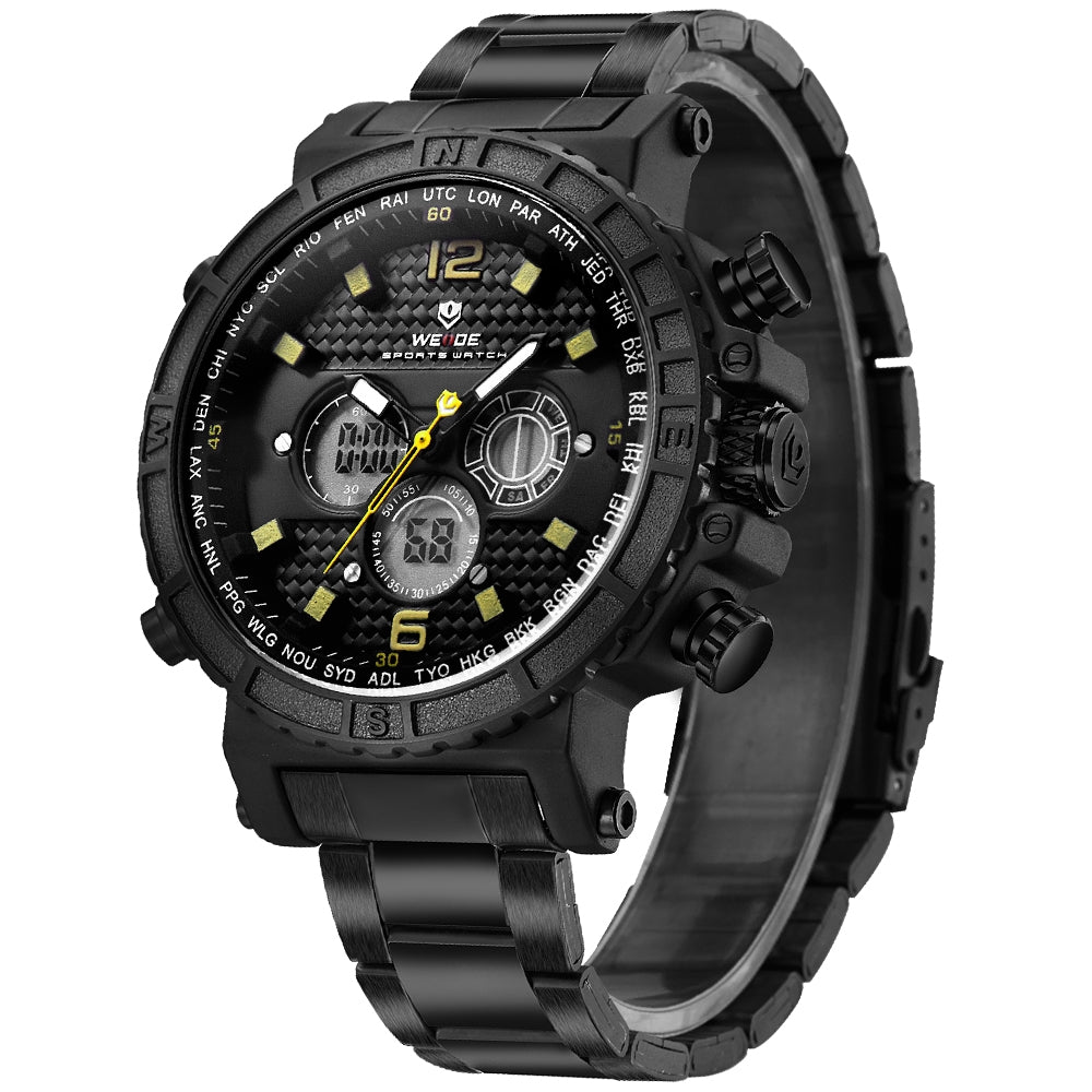 WEIDE Dual Time World City Steel Black/Yellow Watch