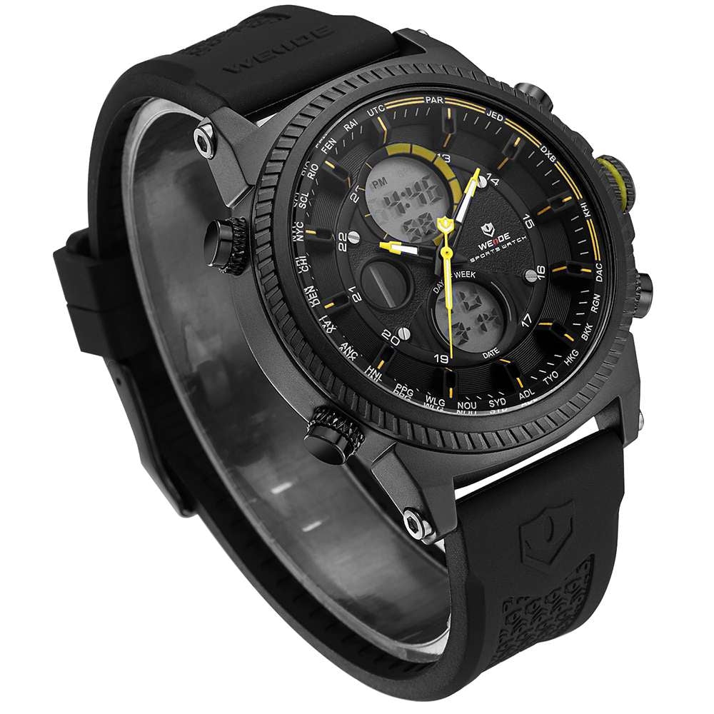 WEIDE Dual Time World City Silicone Black/Yellow Watch